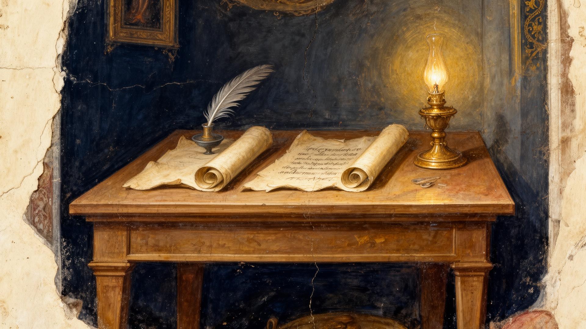 Renaissance fresco of an ancient scribe's desk with parchment scrolls