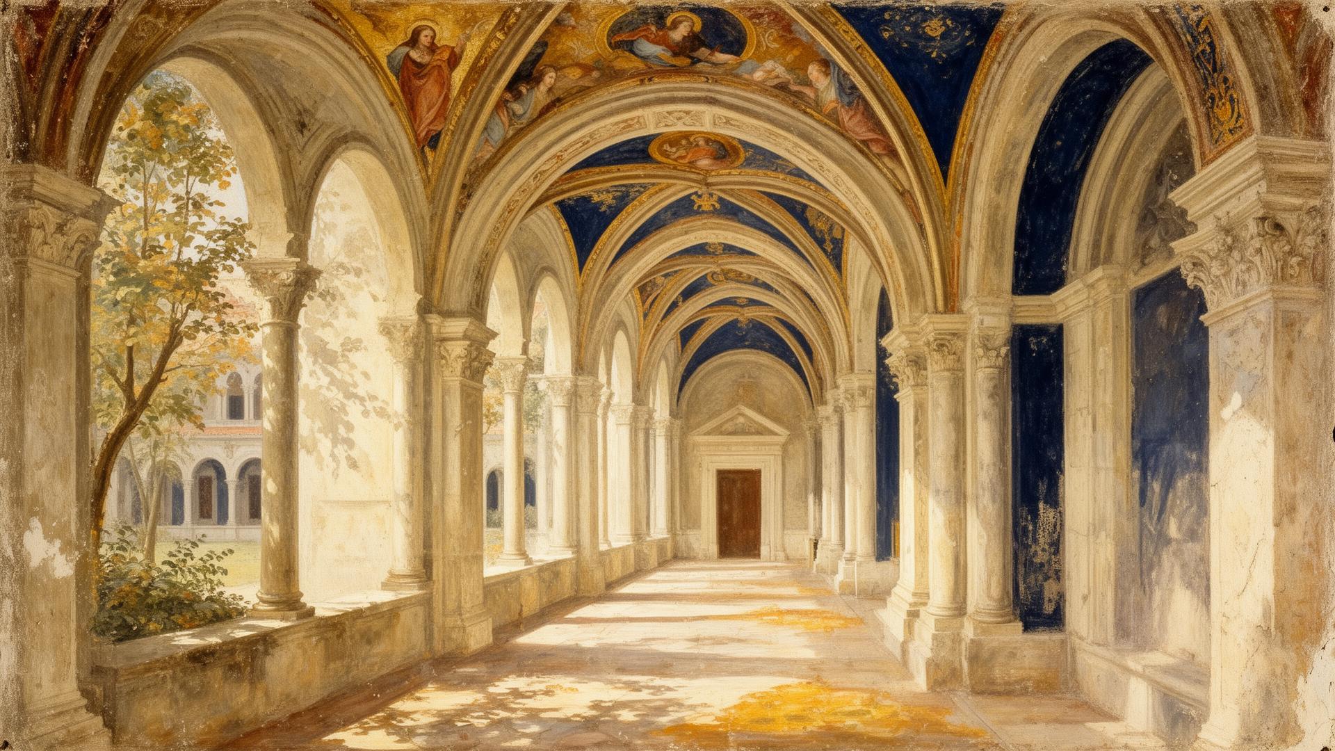 Renaissance fresco of a peaceful monastic cloister walkway