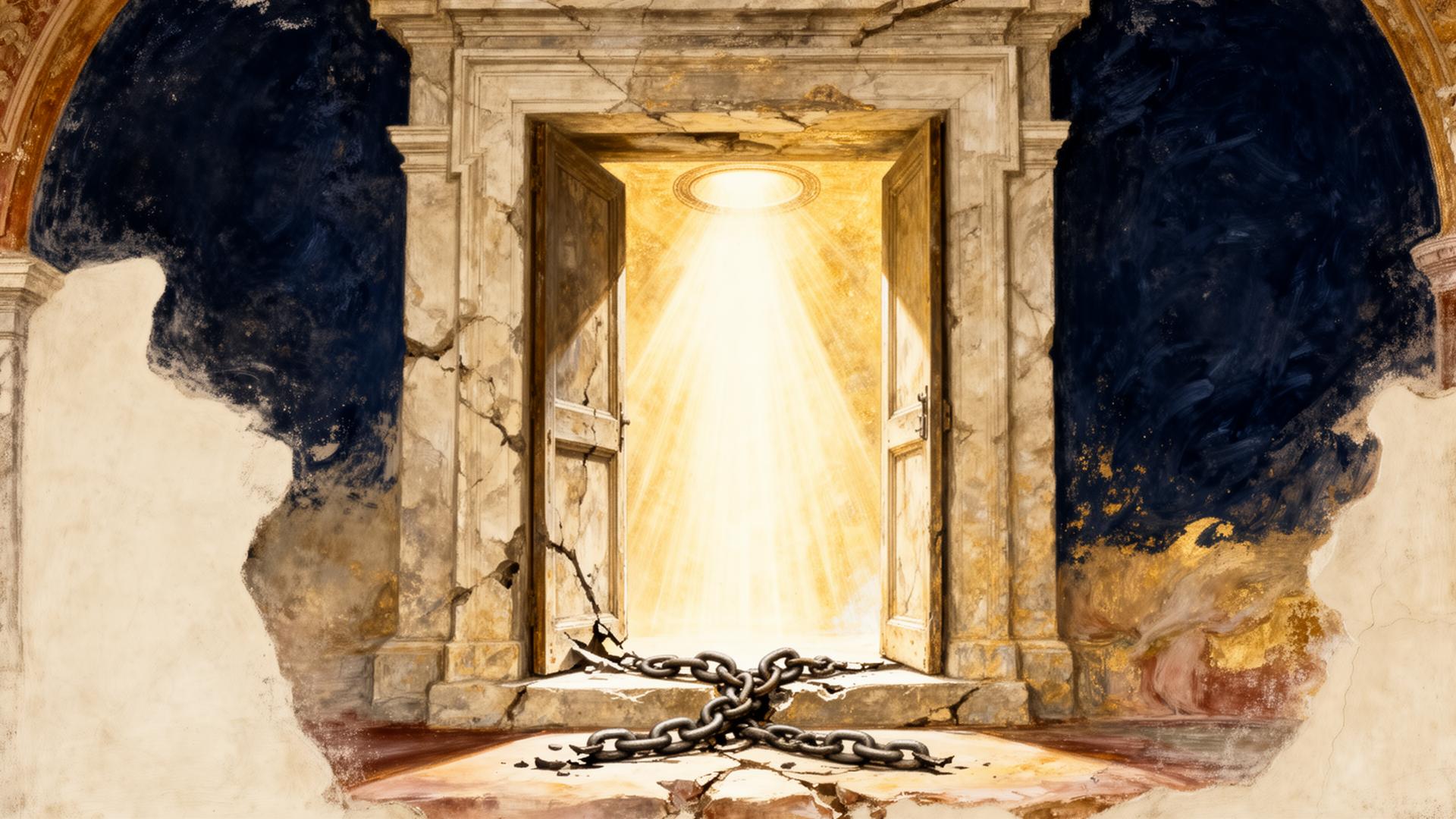 Renaissance fresco of an open doorway with light pouring through and a broken chain