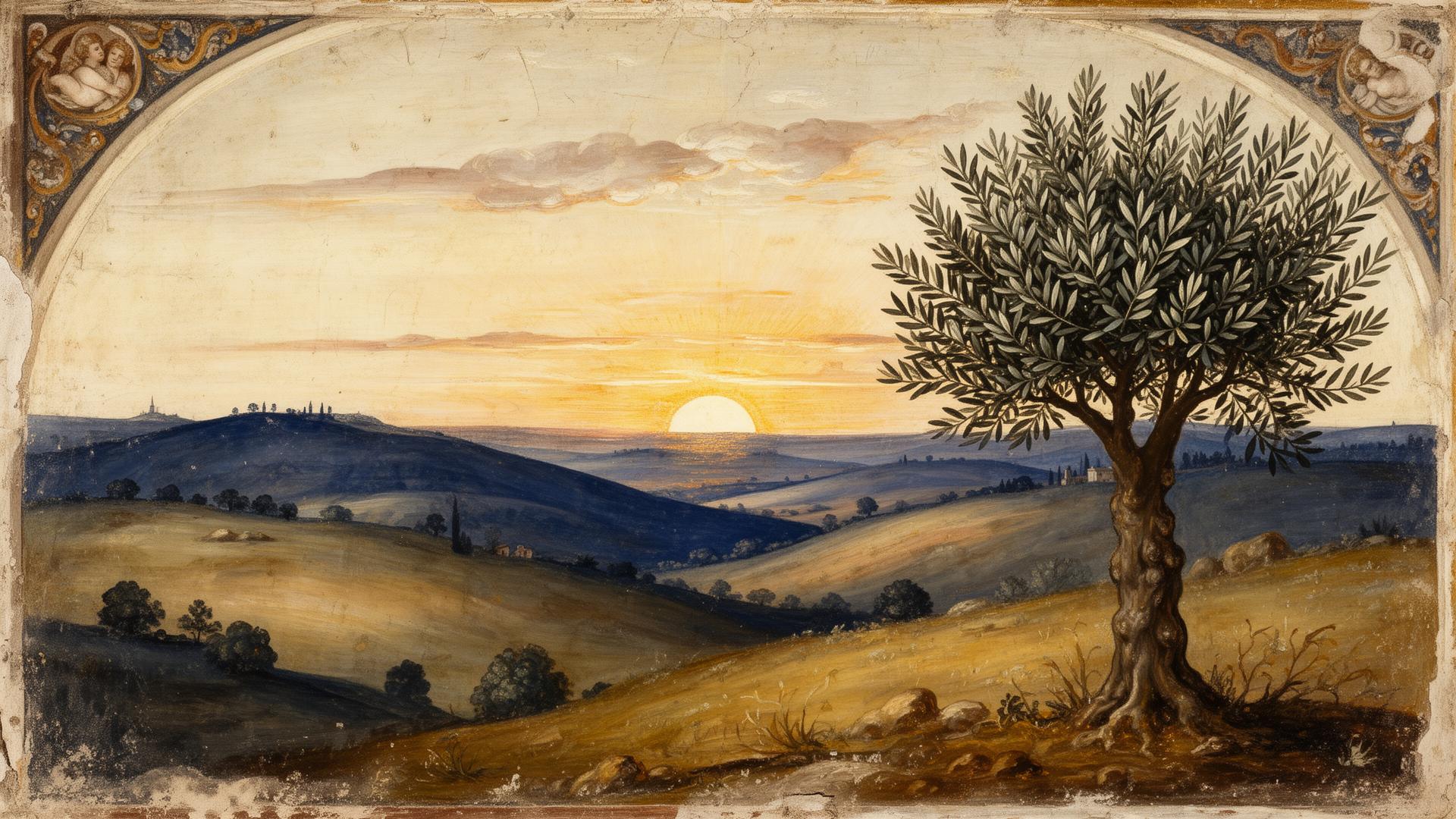 Renaissance fresco of dawn light over a pastoral landscape with an olive tree