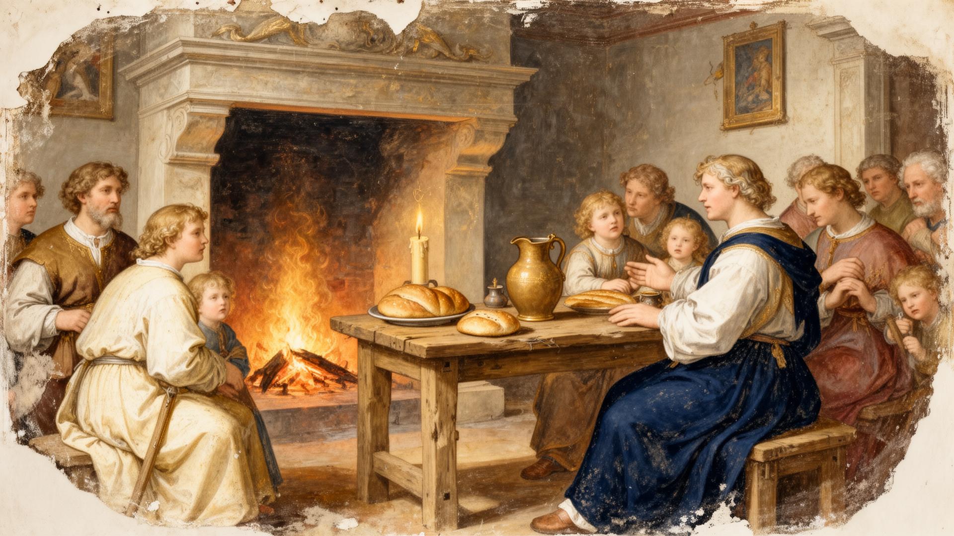 Renaissance fresco of a family gathered around a hearth and table