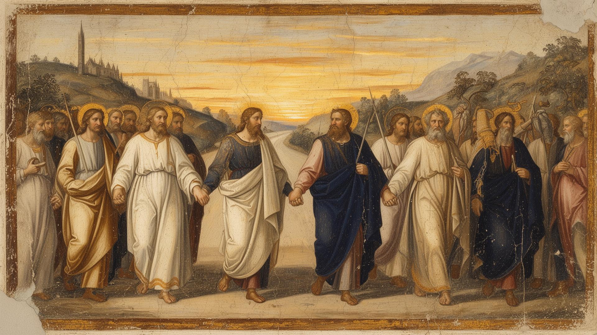 Renaissance fresco of figures walking together along a road at golden hour
