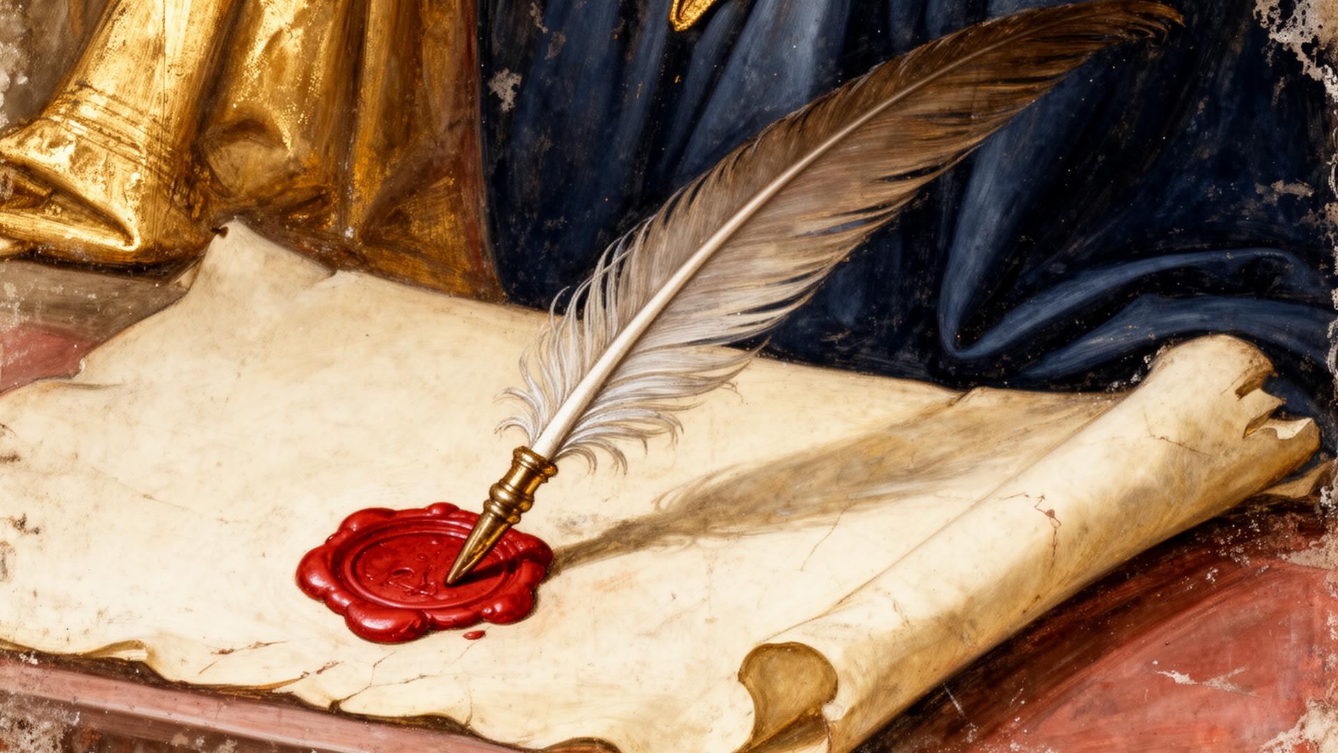 Renaissance fresco of a quill pen on parchment with a red wax seal