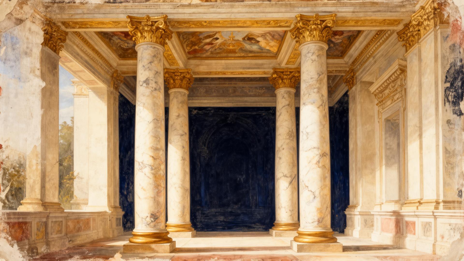 Renaissance fresco of classical marble columns in a sunlit colonnade